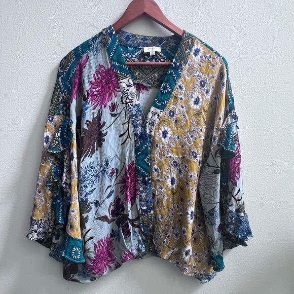 UMGEE Multicolor Floral Mixed Print Boho Ruffles Sleeve Top Women's Size Large - Picture 2 of 9